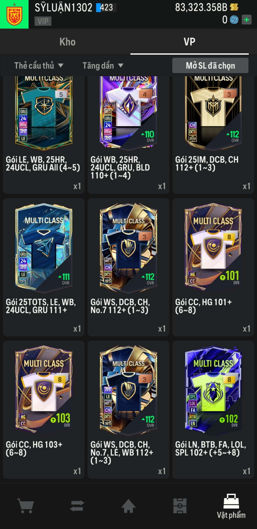 Ảnh ACC mở thẻ (LOẠI SVIP PROMAX) bao gồm có 01 thẻ +12, 03 thẻ PRIME (QH+, CP+, XS+) và hơn 1600+ đến 3500+ thẻ cầu thủ từ Siêu sao đến Miền núi các loại. Acc có sẵn BP trắng từ 55.000 tỷ BP đến 90.000 tỷ BP